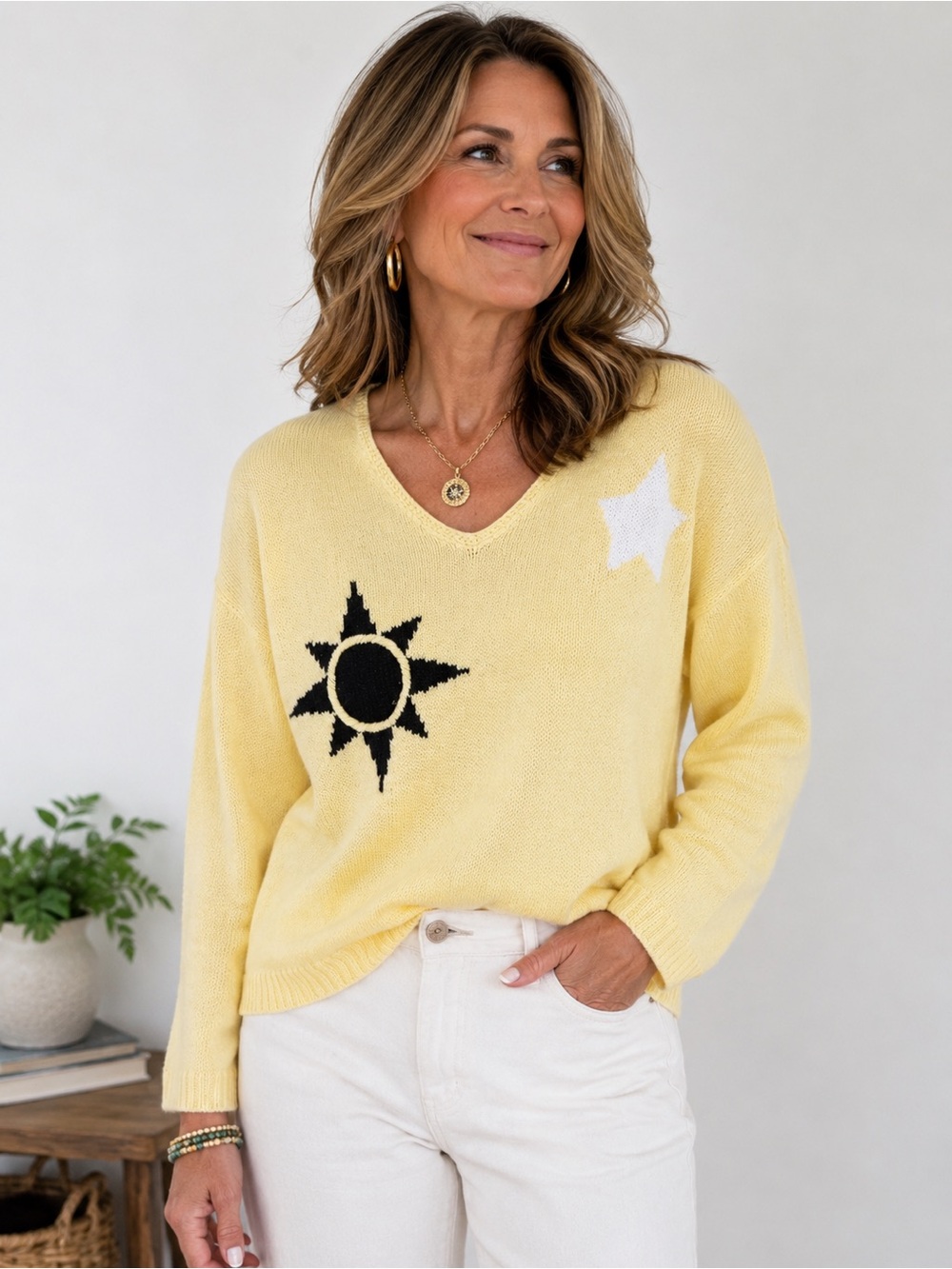 Christopher & Banks Hand-Embroidered Sun & Moon Sweater | Size‎ S